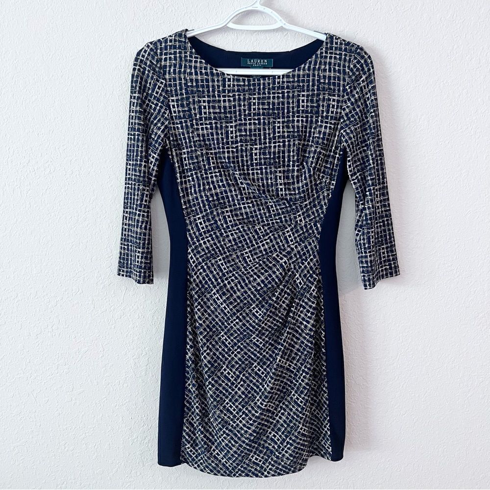 Ralph Lauren Side Ruched Dress 3/4 Sleeve Navy Stretch Womens Size 4